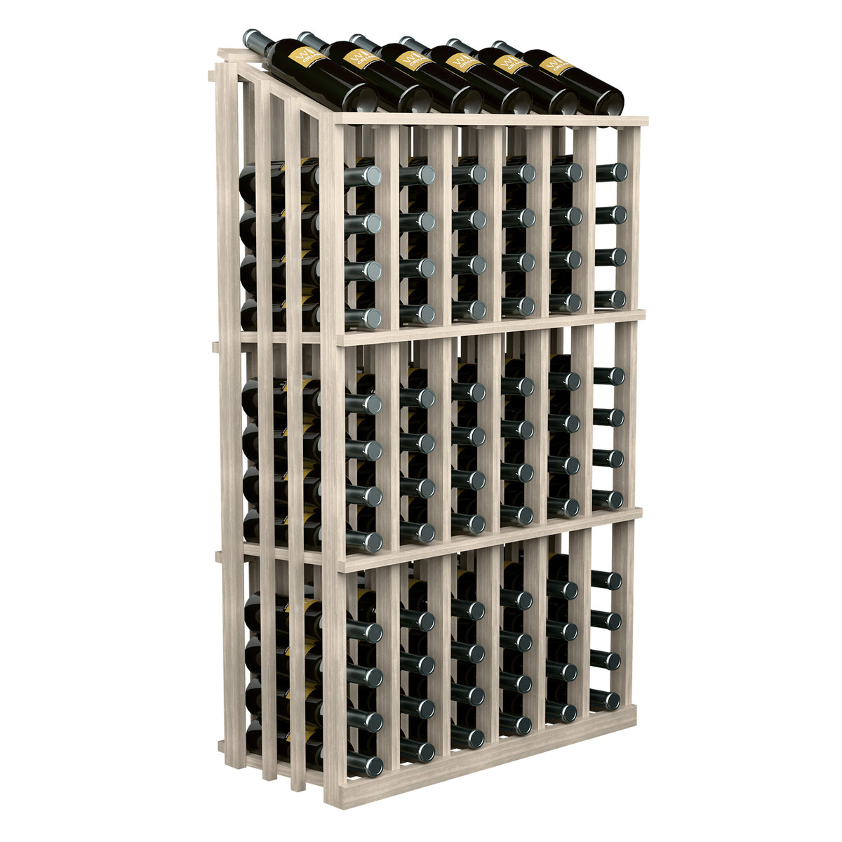 White wine bottle display rack with glass-like circular bottle holders; black bottles