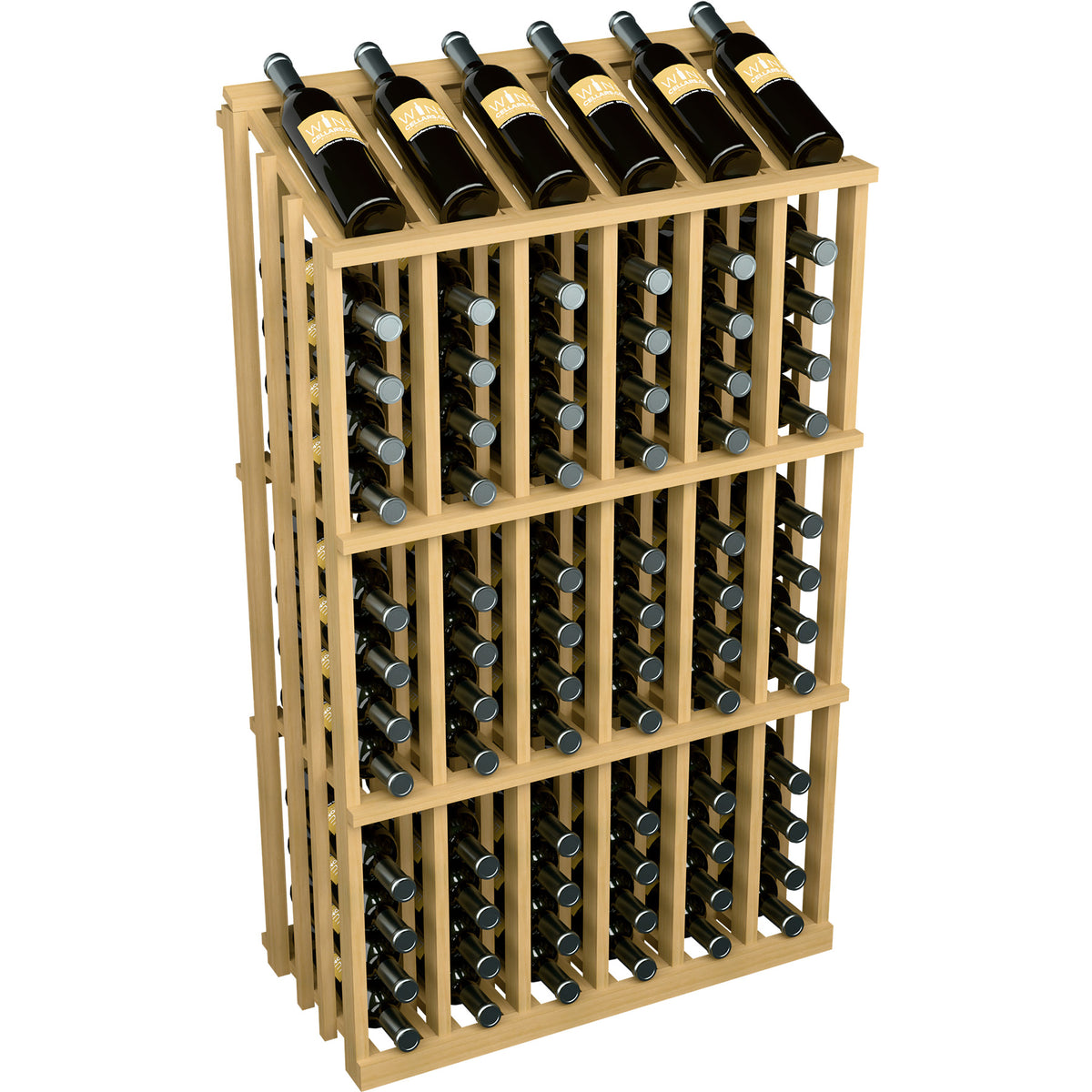 Wood wine bottle display rack for 78 bottles, light brown frame with bottle-neck openings