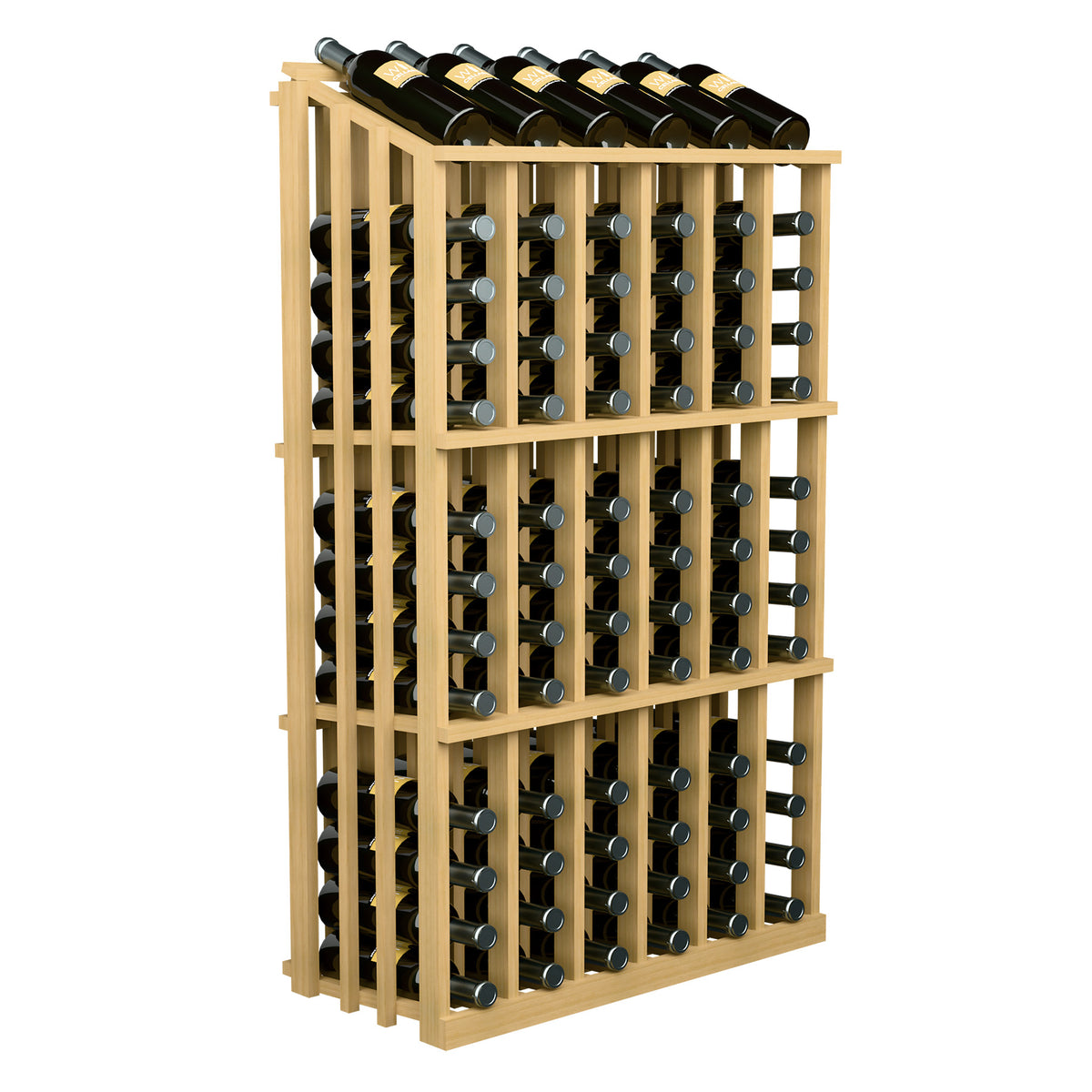 Freestanding wine bottle display rack with glass holder discs for bottles; light wood frame