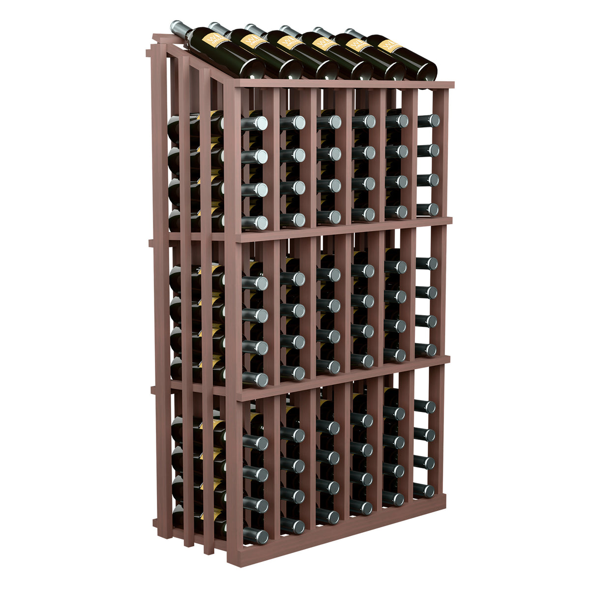 Wine bottle rack with bottle slots and metal rings, warm brown stained wood frame