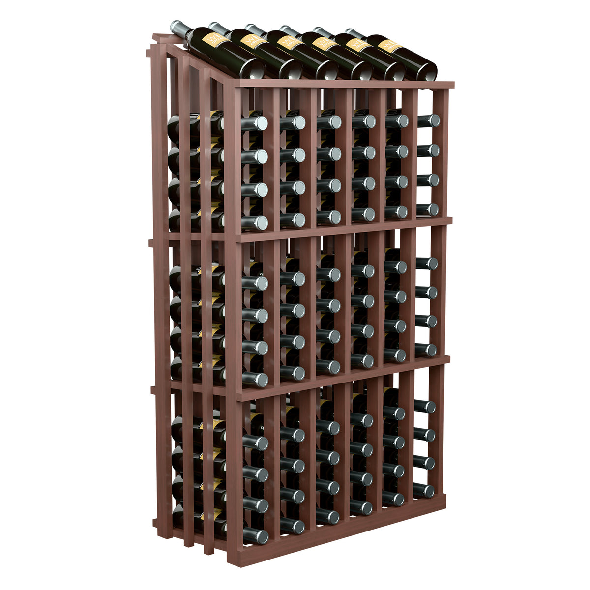 Dark brown wine bottle display rack with circular bottle holders; black bottles in rows