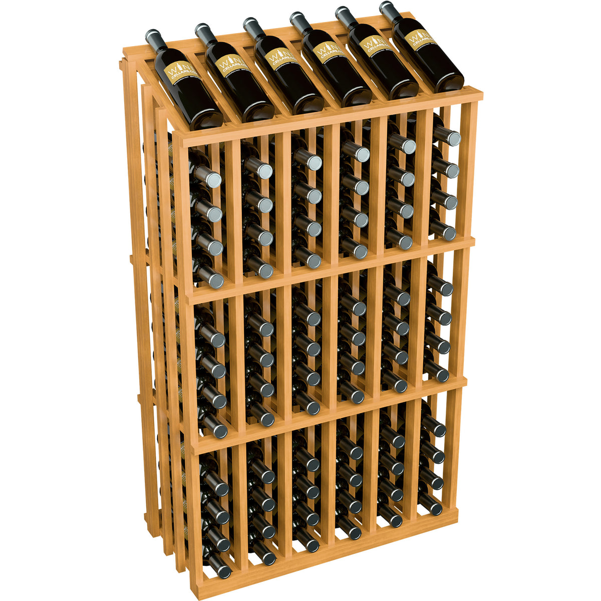 Natural wood wine bottle display rack with circular bottle holders; black wine bottles