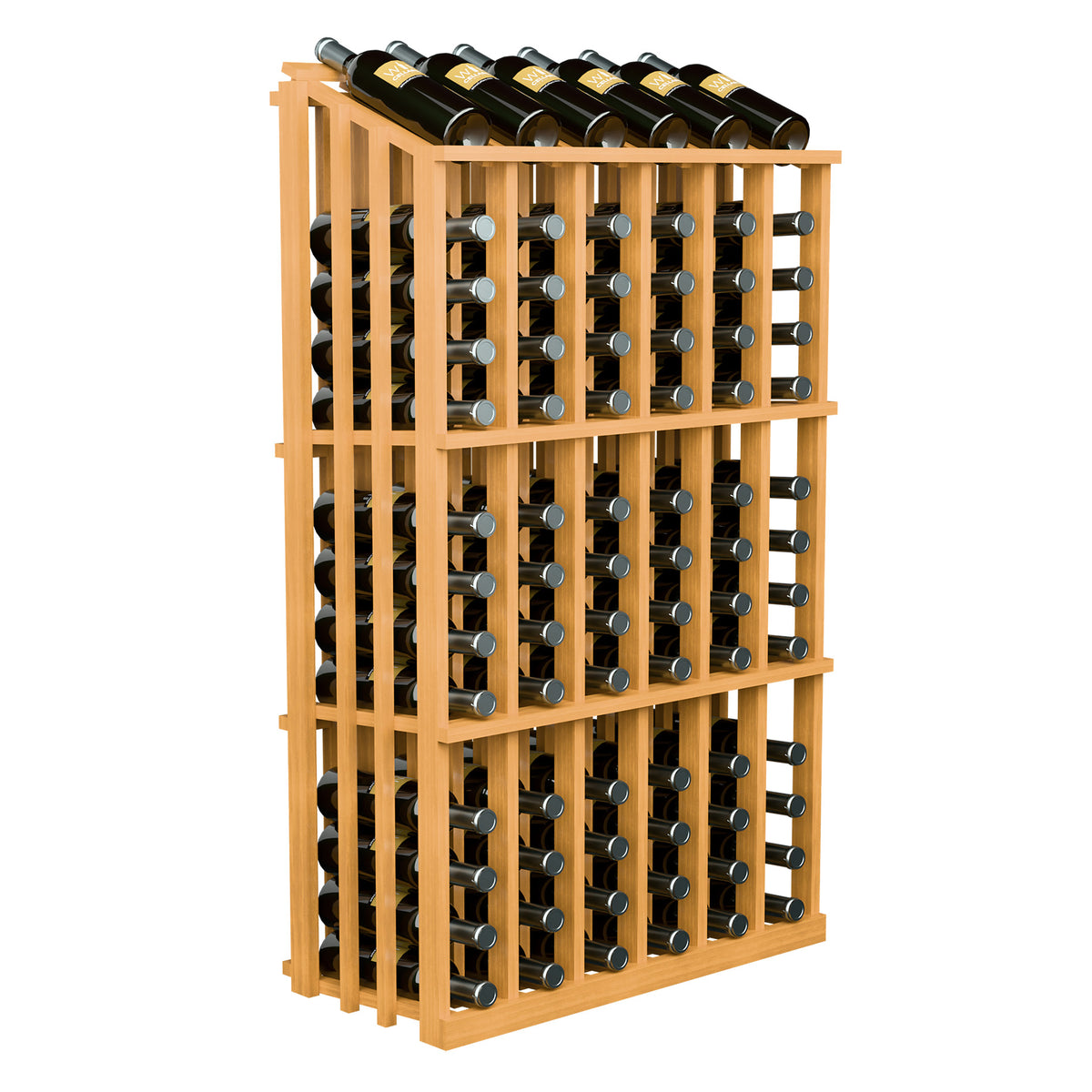 Natural light wood wine bottle display rack with circular bottle holders; black bottles