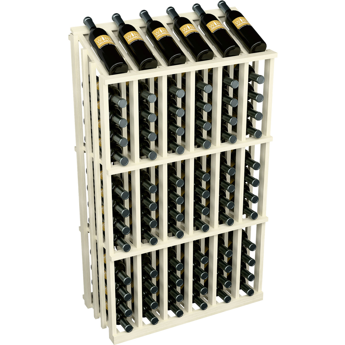 White 78-bottle wine rack with light frame, holding bottles in round front slots.