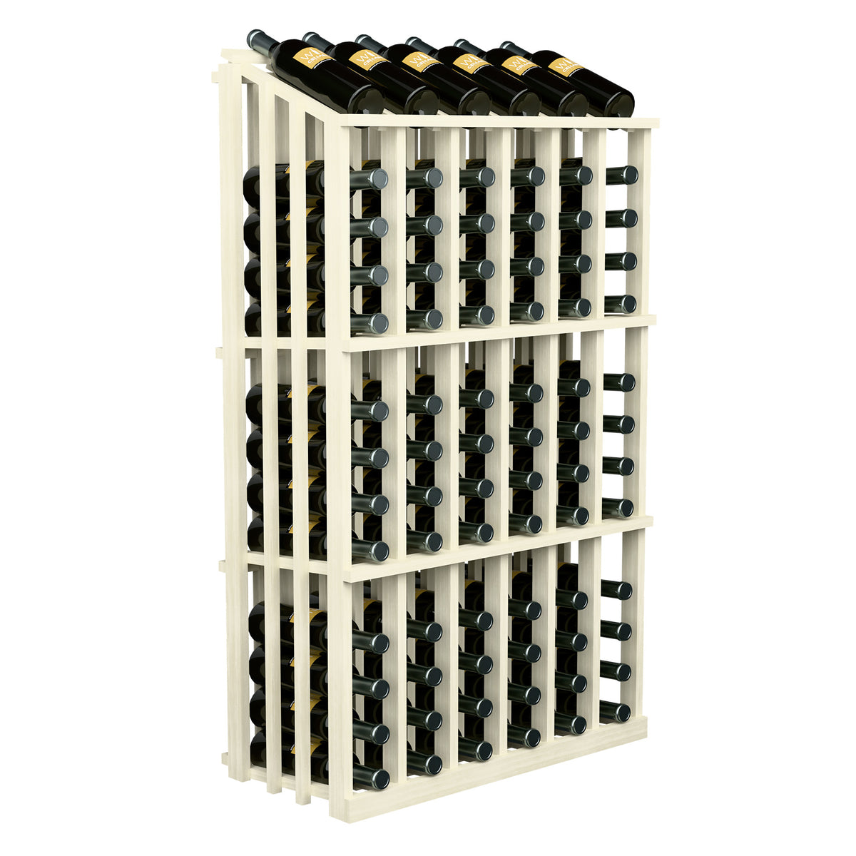 Wine bottle rack with rows of bottle openings and metal rings, light wood frame