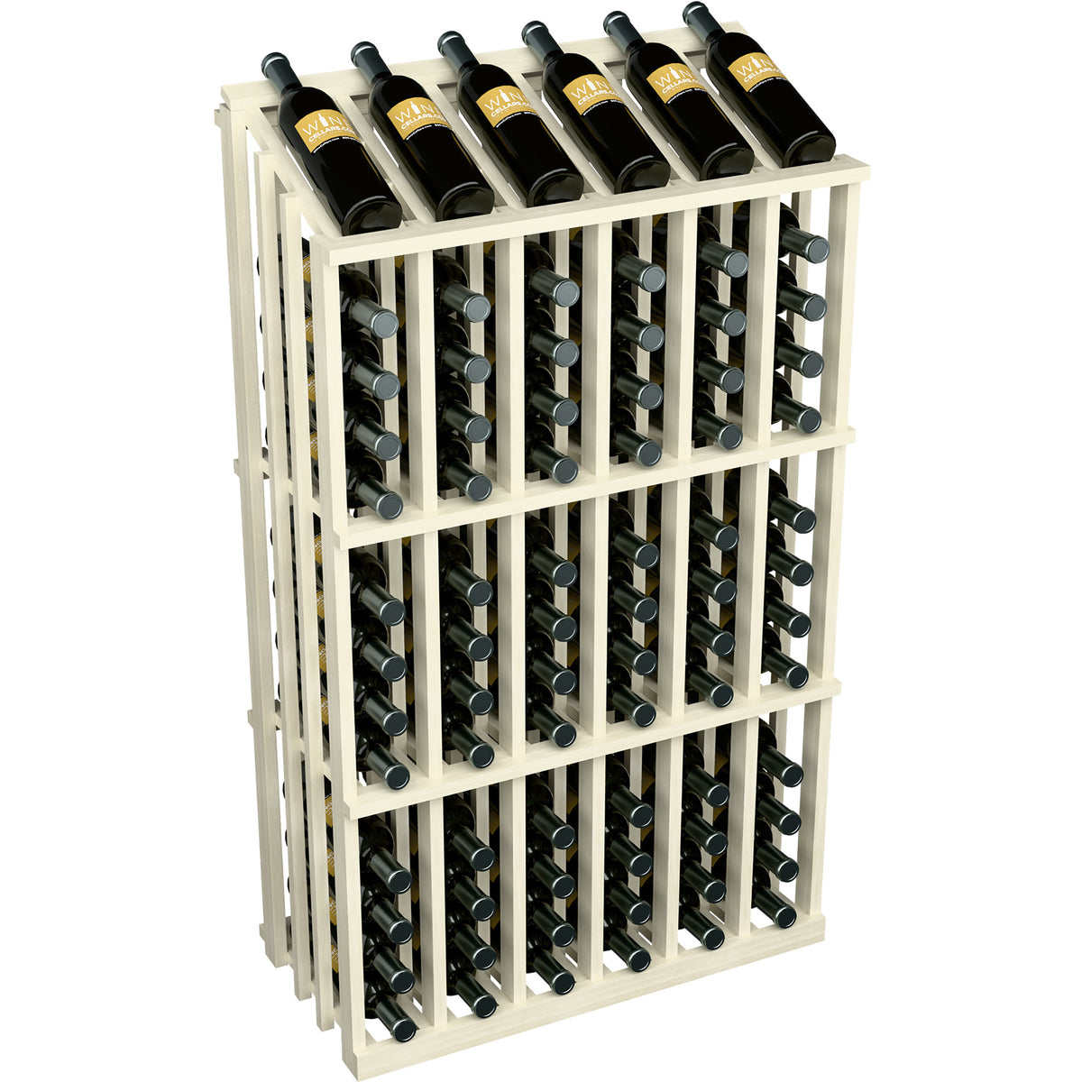 White wine bottle display rack with circular bottle holders; black wine bottles on shelves