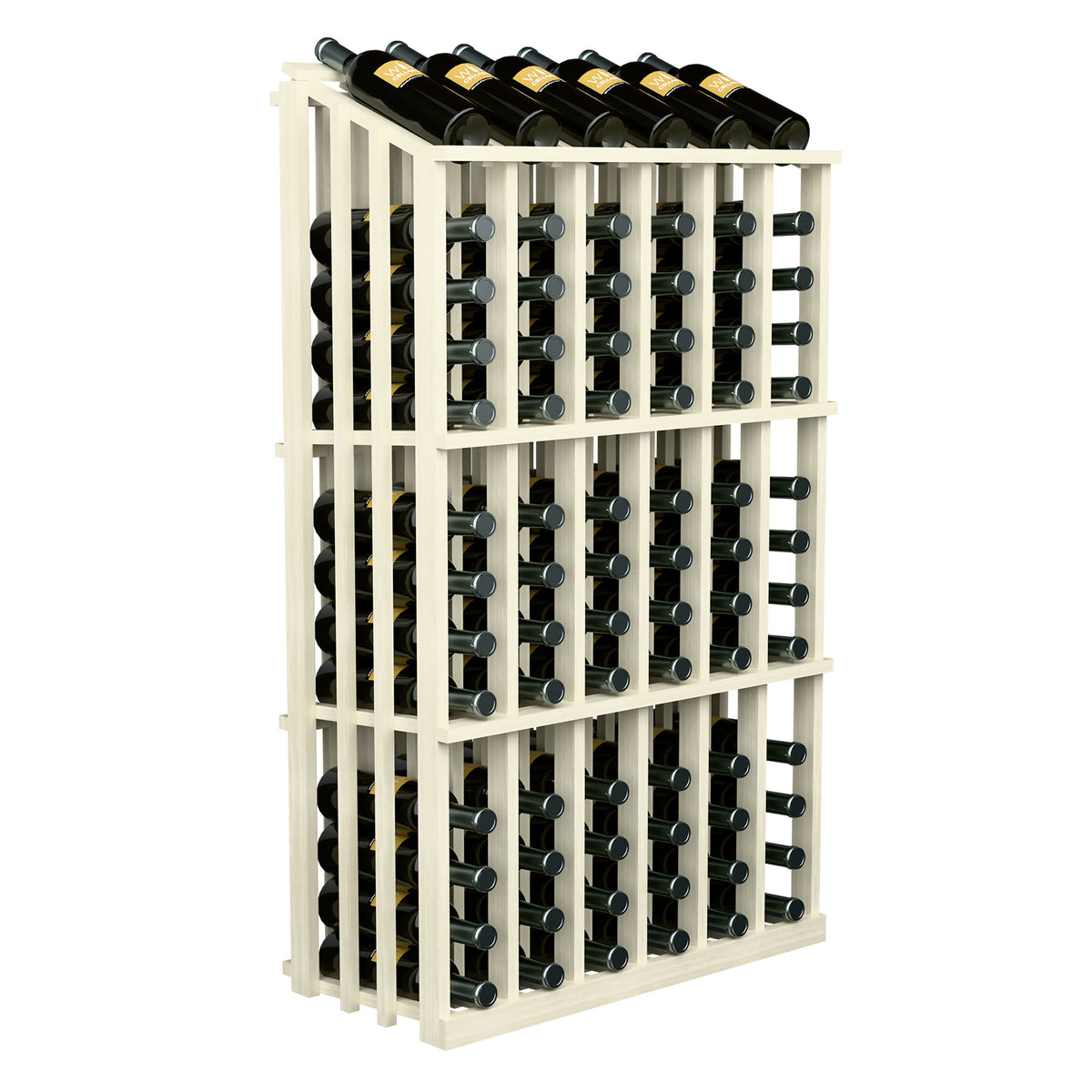 White wine bottle display rack with circular bottle holders; black wine bottles on top