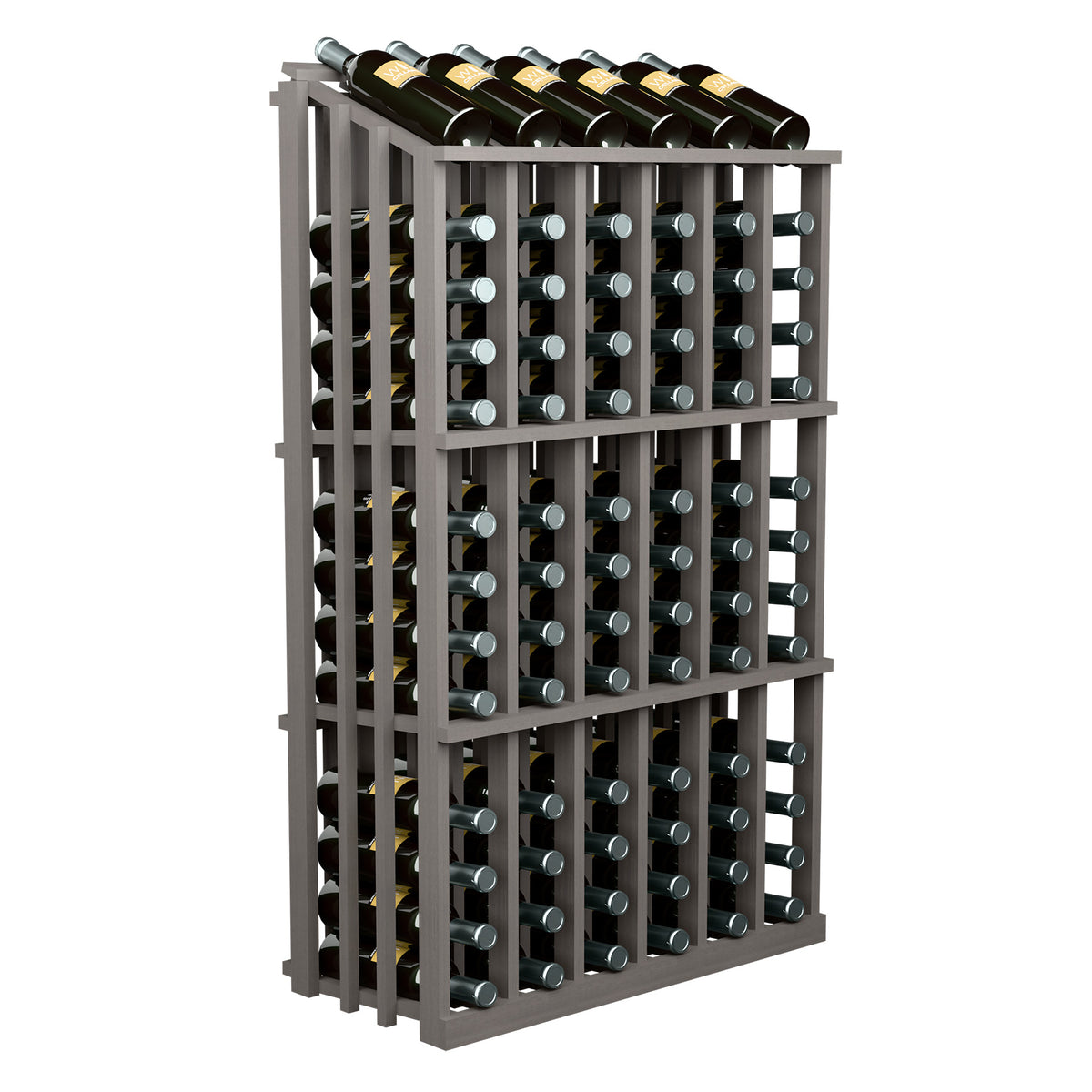 Wine bottle rack with side lattice panels holding bottle slots, dark stained wood
