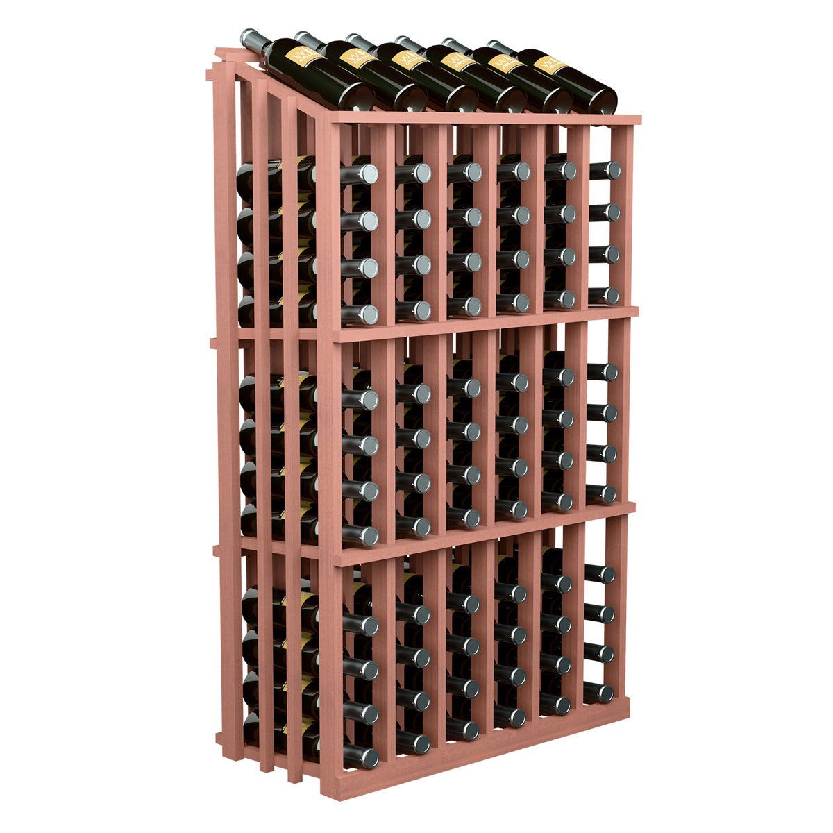 Red-stained wood wine bottle rack with 78 holders for black bottles
