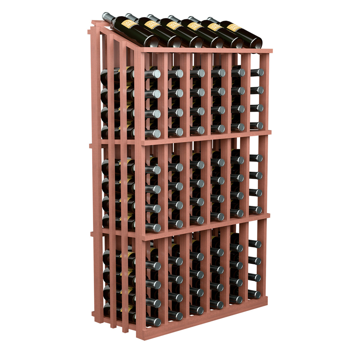 Rust red wood 78-bottle wine display rack, front view with bottle rows