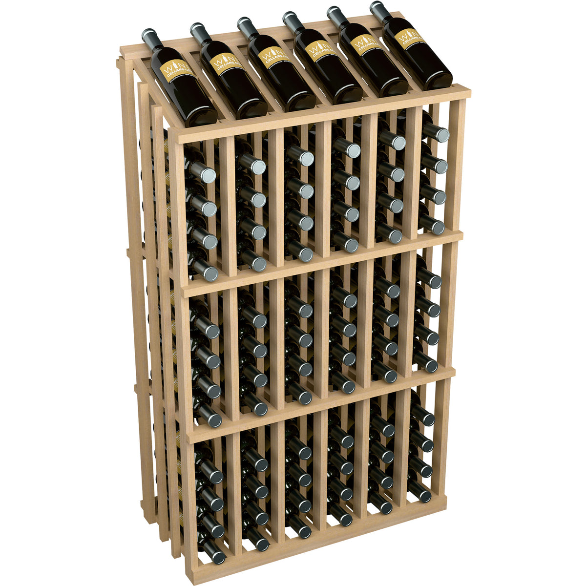 78-bottle wine rack in light wood, front-left angle showing bottle openings and grid frame.