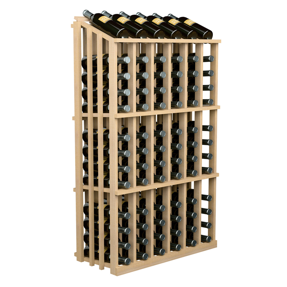 78-bottle wine rack in light wood, front view showing stacked bottle openings.
