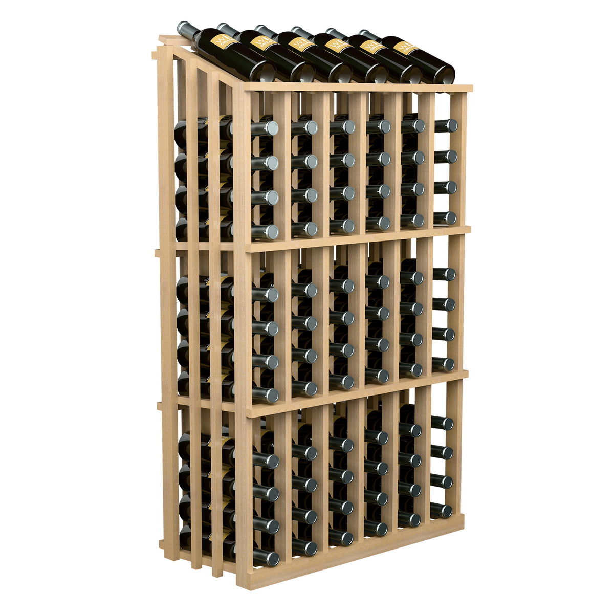 Light wood 78-bottle wine display rack, side view with bottle grid slots