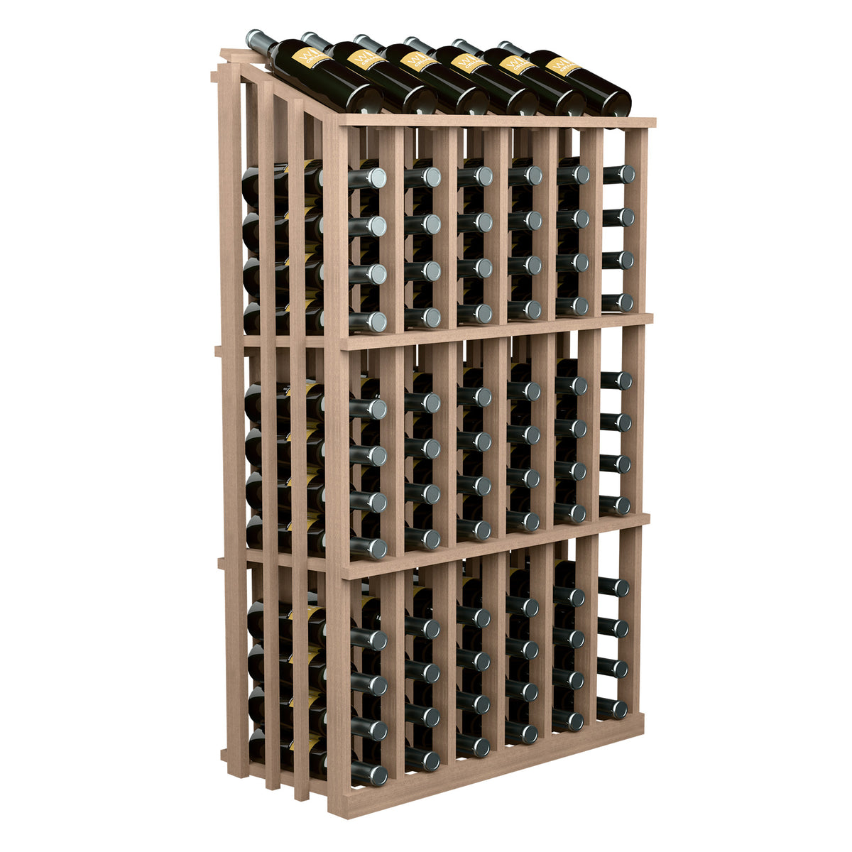 Wood wine bottle rack with 78 slots and black bottles across three rows