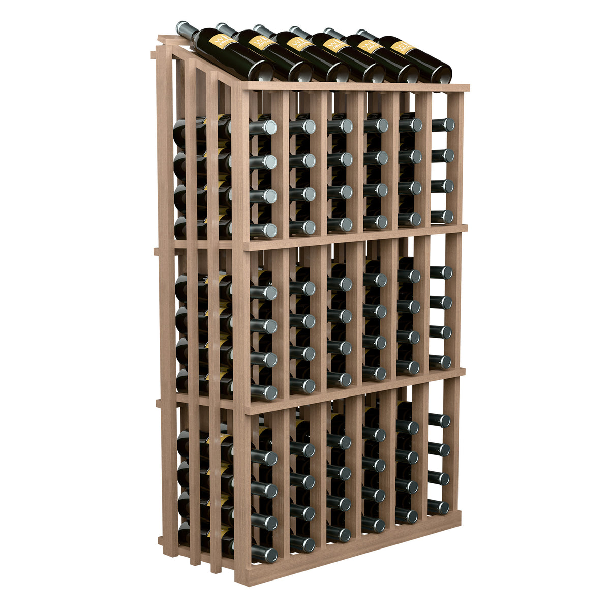Light wood 78-bottle wine display rack with bottles in front grid holders