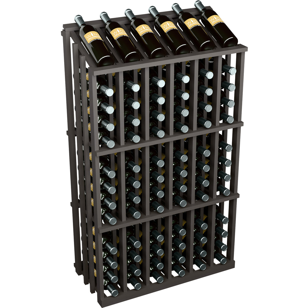 Black 78-bottle wine display rack with front bottle slots and dark bottle tops