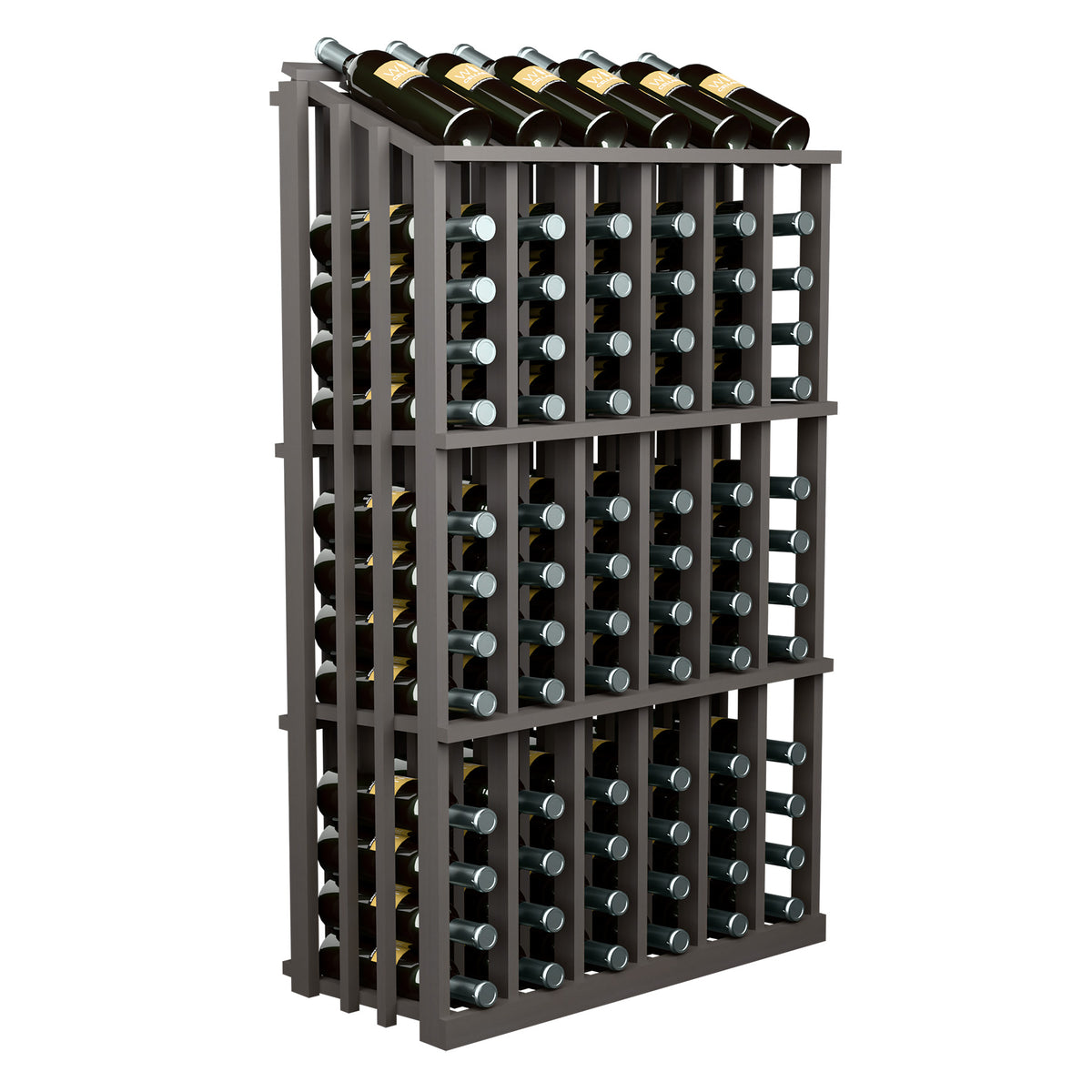 Wine bottle rack with front bottle slots and metal rings, dark stained wood frame