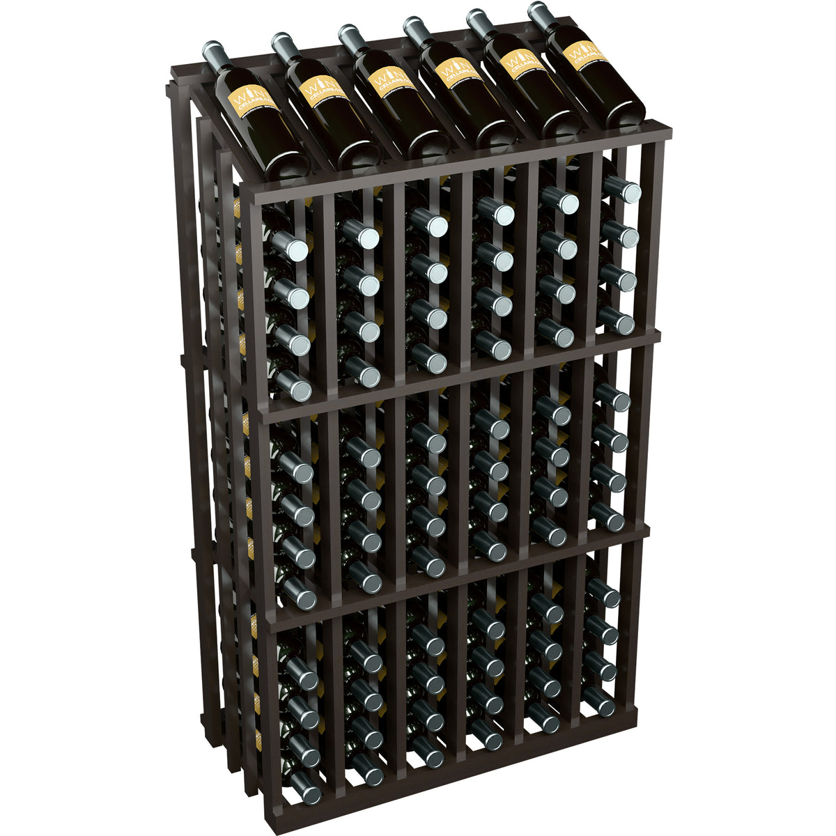 Dark wood 78-bottle wine display rack with bottles arranged in multiple rows