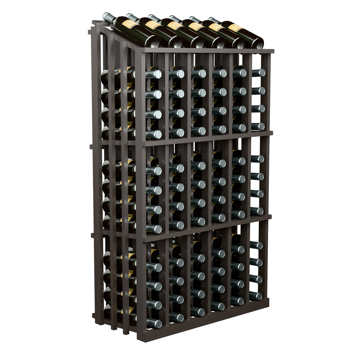 Dark wood 78-bottle wine display rack with bottles in top row and grid slots