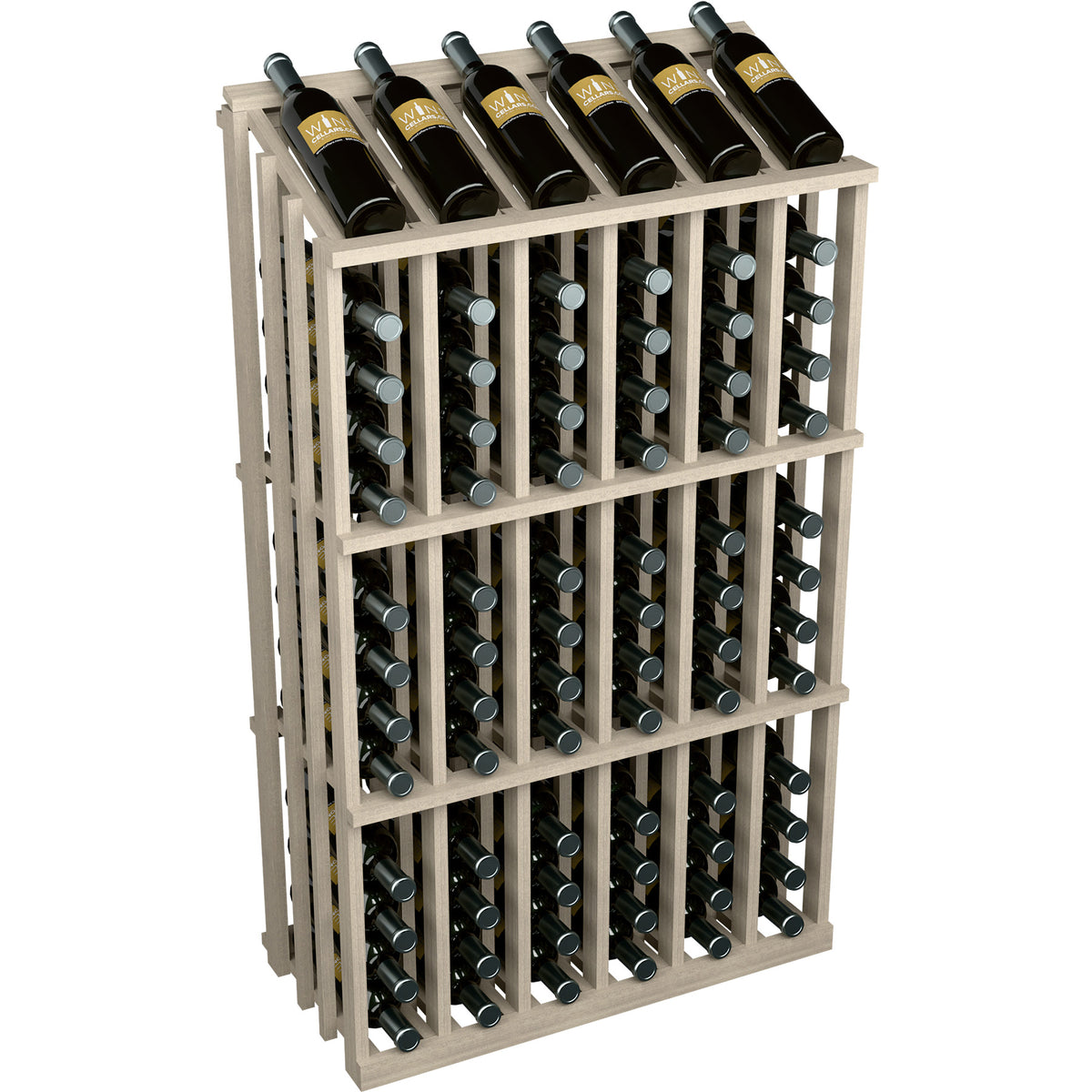 Wood wine bottle display rack for 78 bottles, pale light frame with bottle-neck openings