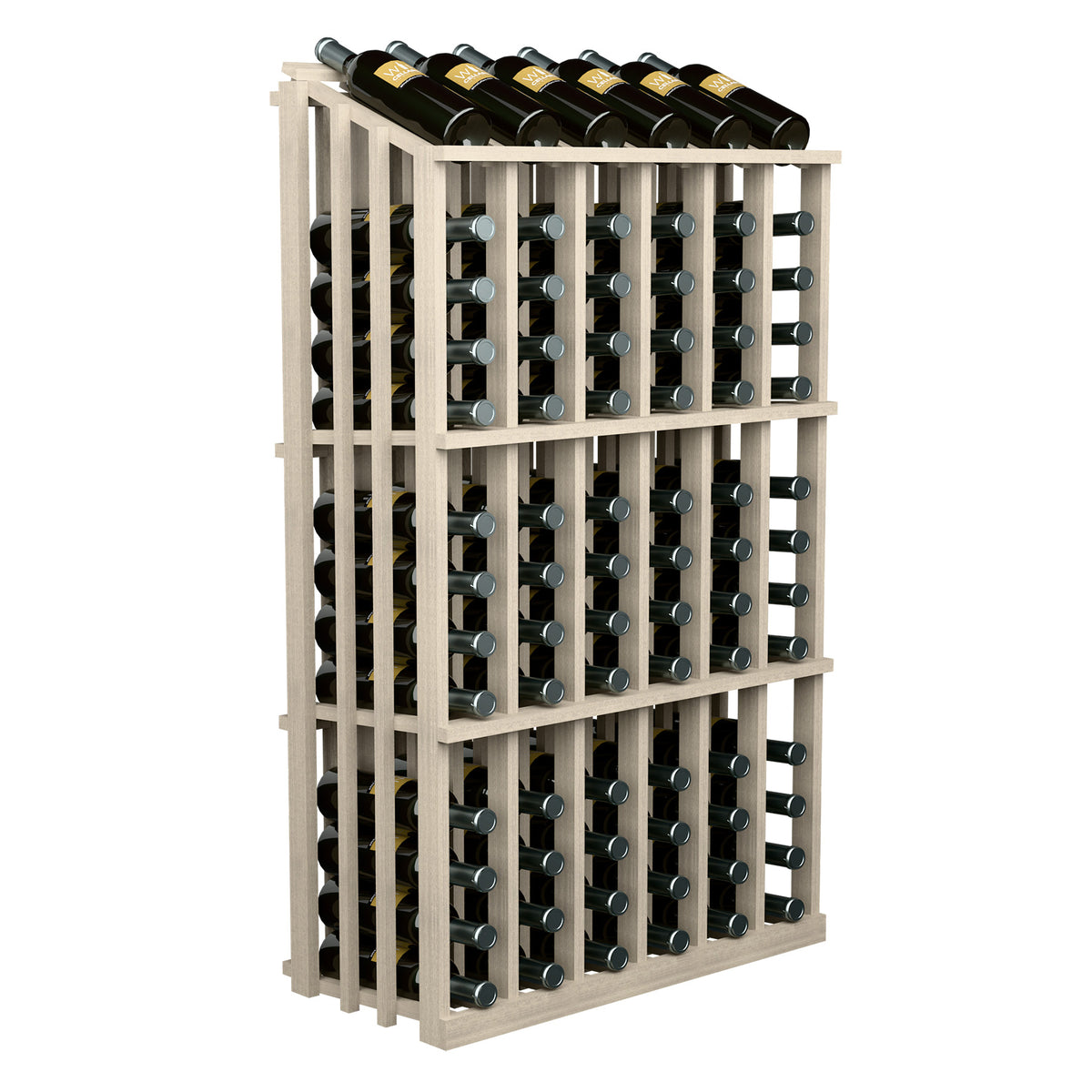 Wood wine bottle rack with 78 slots, black bottle necks lined on top row