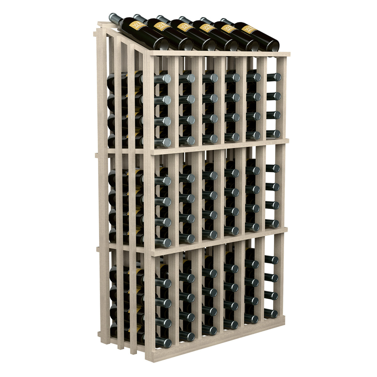 Light wood wine bottle display rack showing side bottle storage in square columns