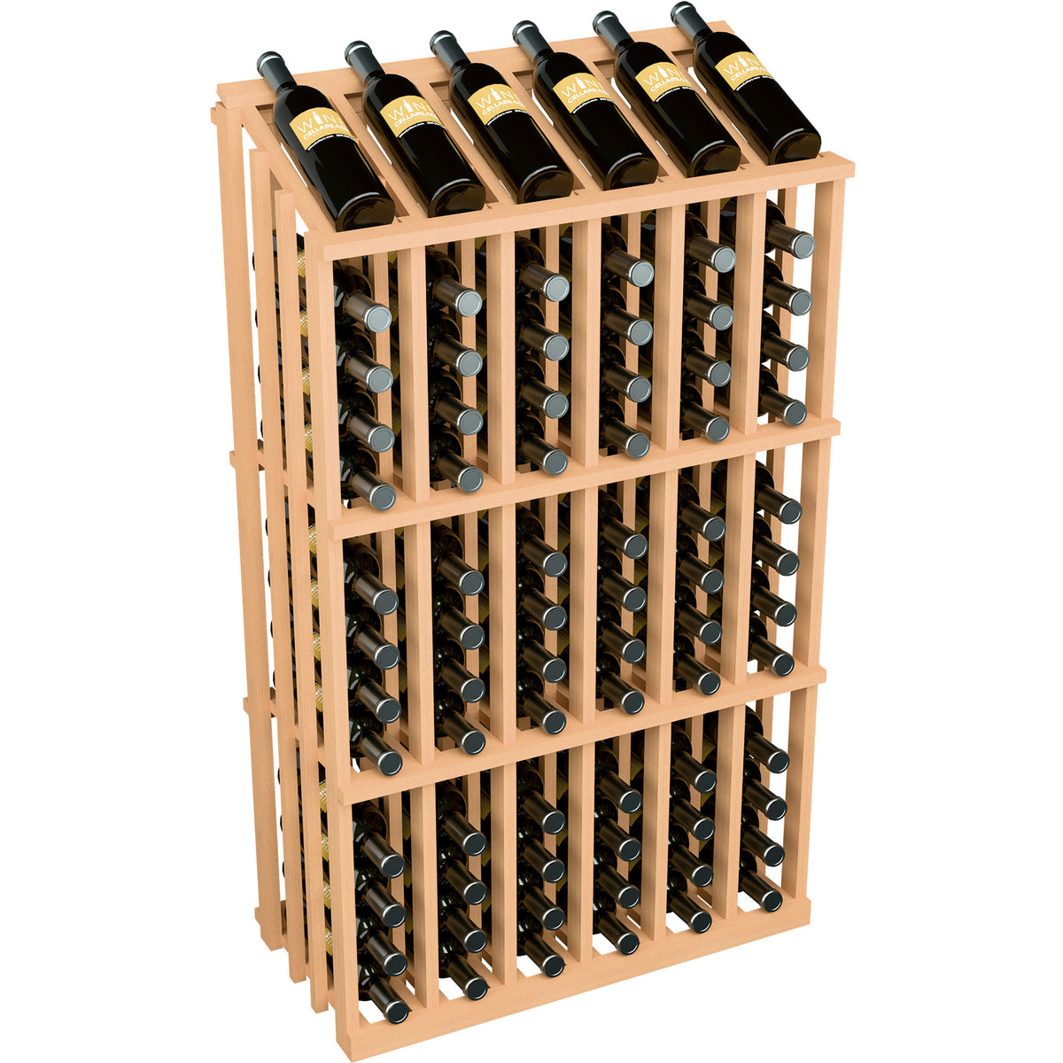 Wine bottle display rack with dark bottles in a light wood frame, open lattice sides, front view