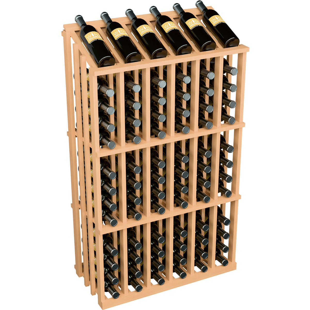 Natural wood wine bottle display rack with front bottle slots and angled top bottles