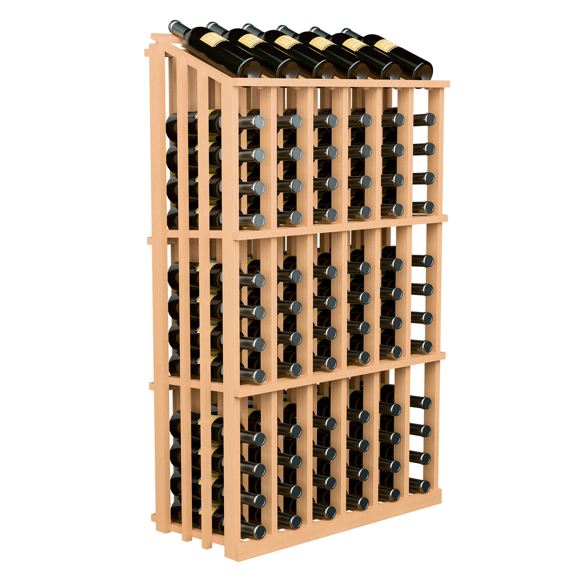 Natural wood wine bottle display rack with open front and arranged bottle holes