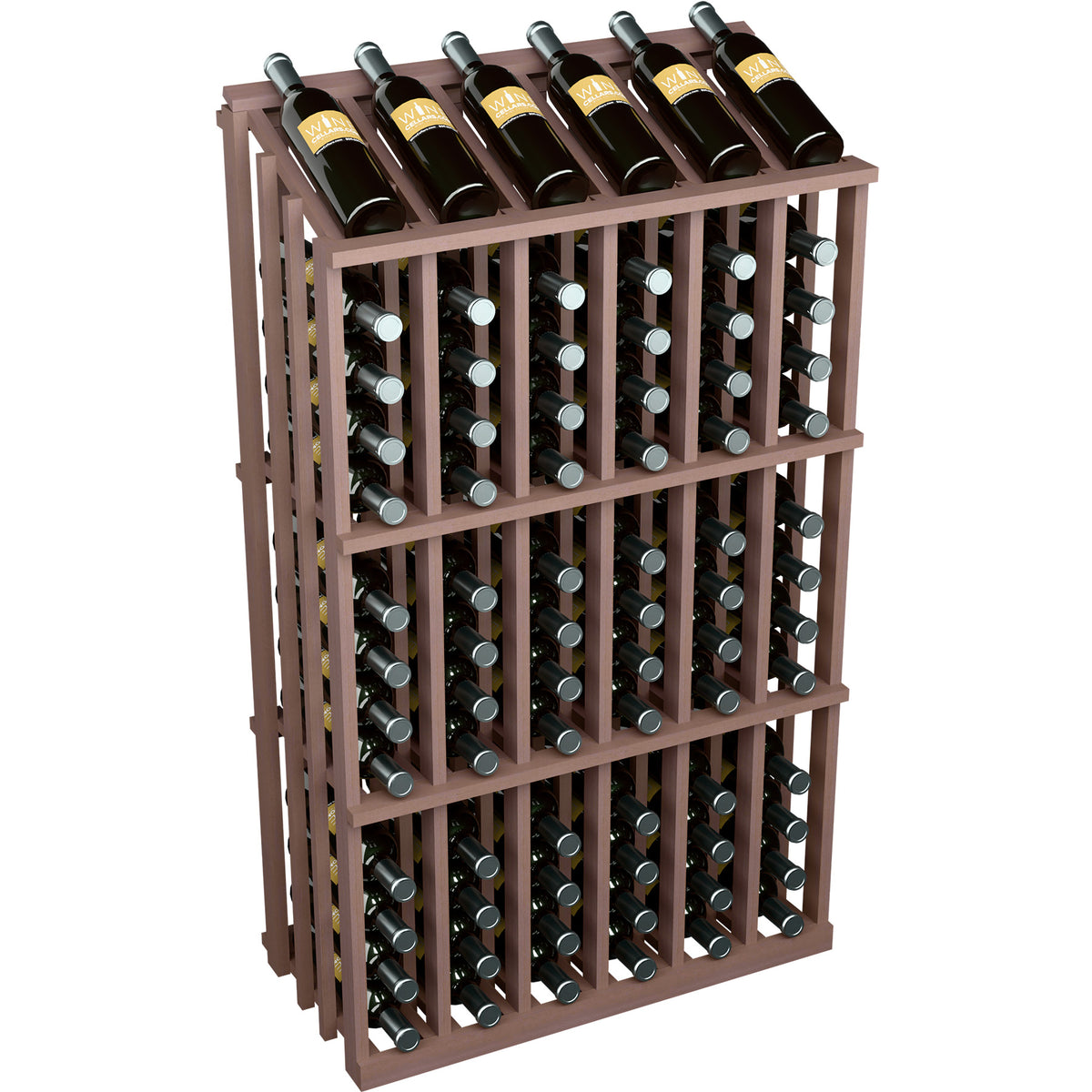 Wine bottle display rack with dark bottles in a dark wood frame and crisscross shelves