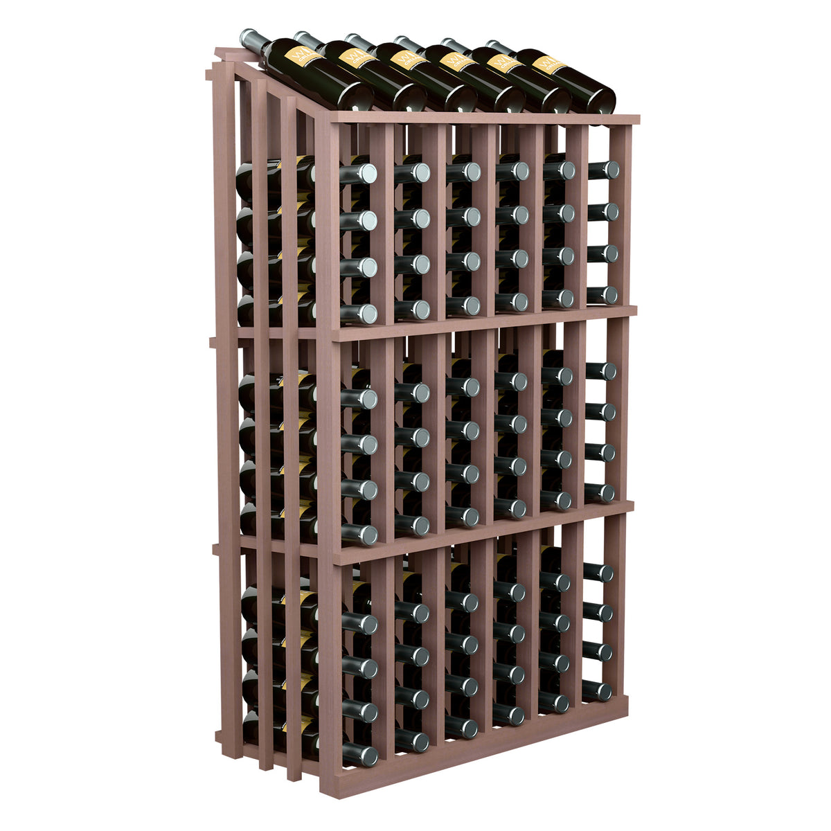 Wine bottle display rack with bottle holder grid and black bottles; medium wood frame