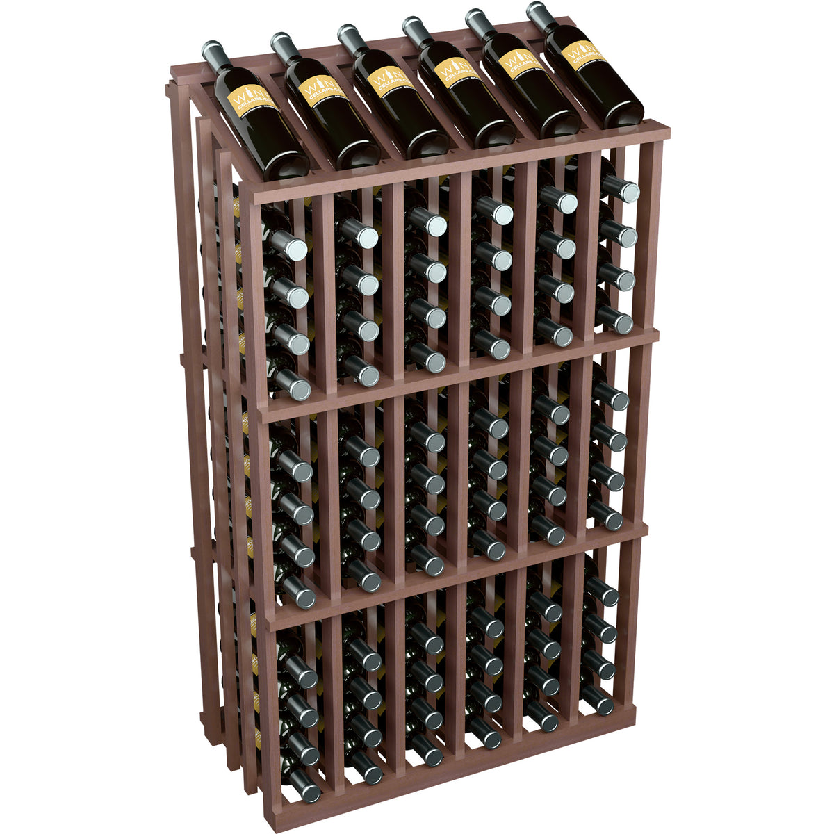 Dark wood wine bottle display rack with front bottle slots and top row of bottles