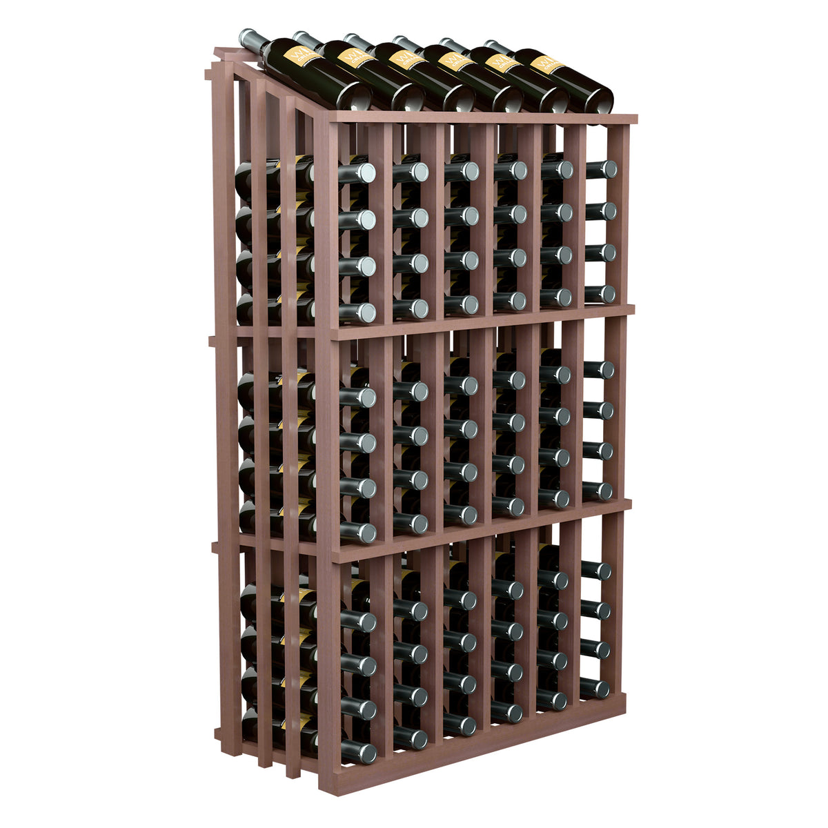 Dark wood wine bottle display rack with side view of bottle storage columns