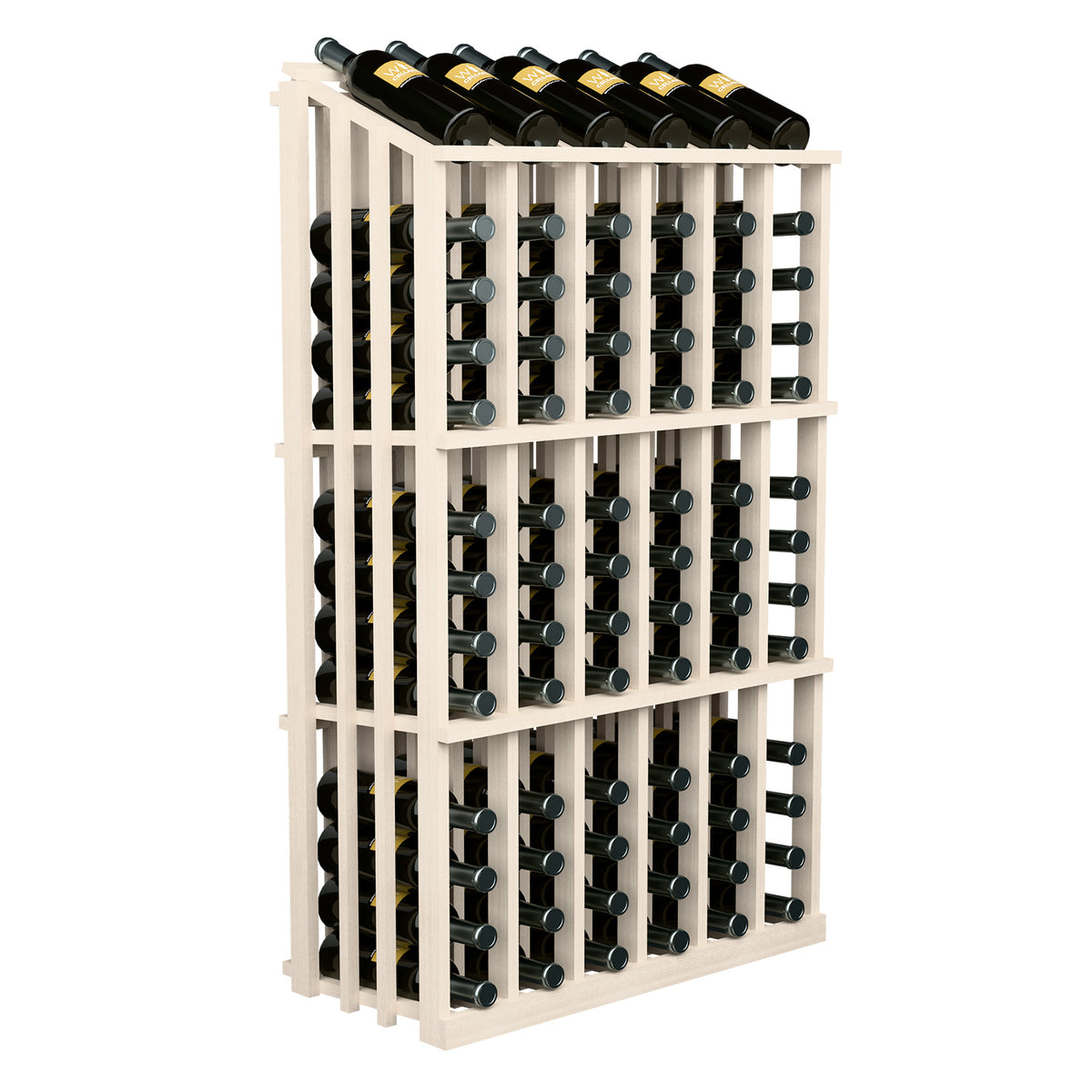 Wine bottle display rack with clear circular bottle holders and black wine bottles; light wood finish