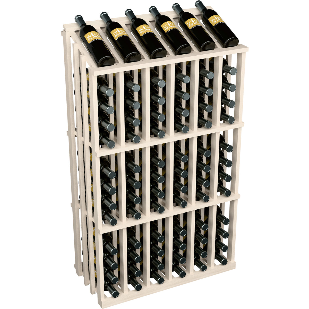 Light wood wine bottle display rack with front bottle slots and bottle necks on top