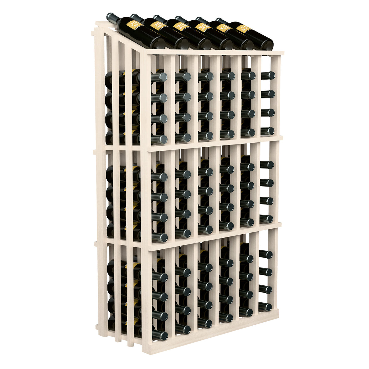 Light wood wine bottle display rack with front bottle rows and top bottles lined up