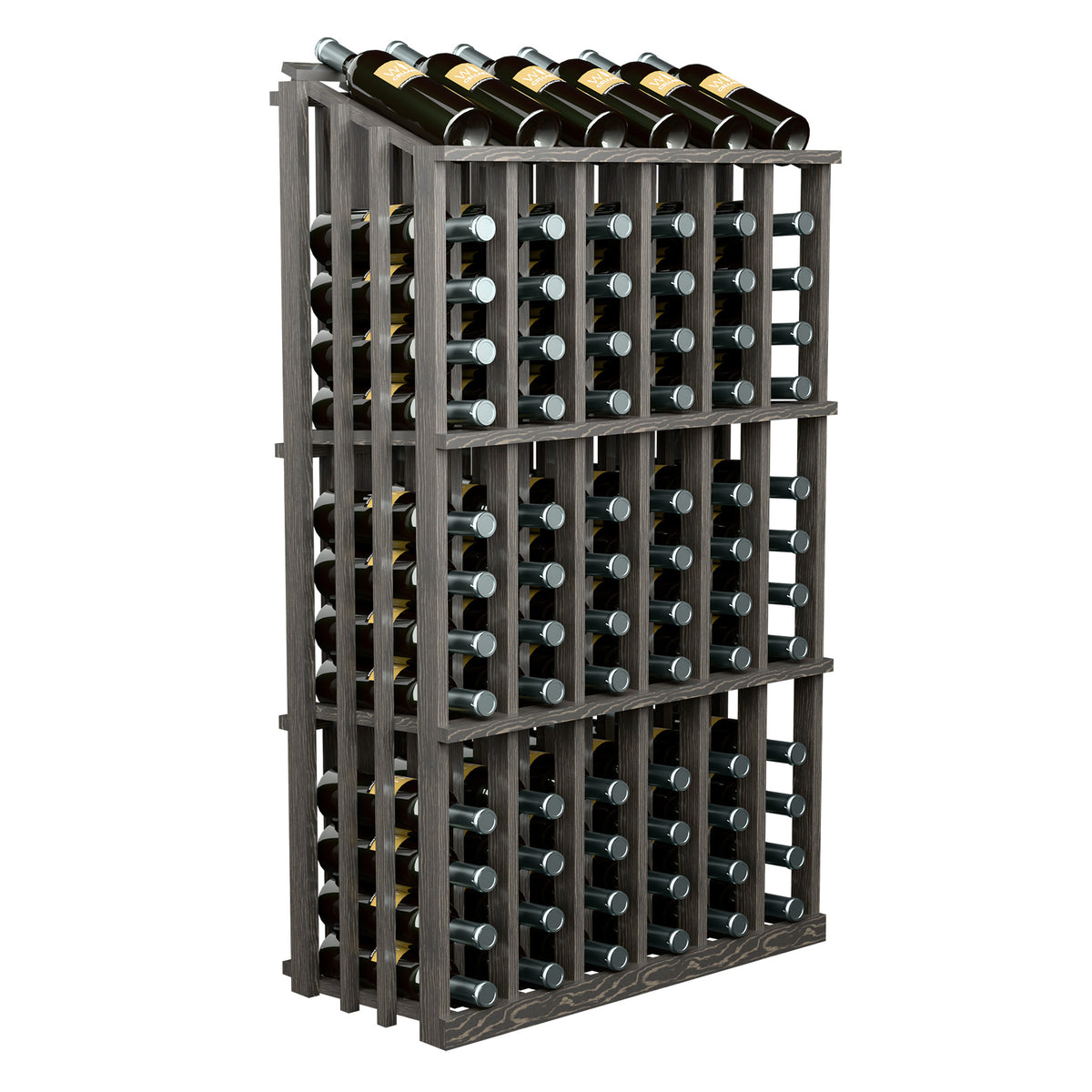 Wine bottle display rack with 78 bottle slots, charcoal wood frame and upright bottles