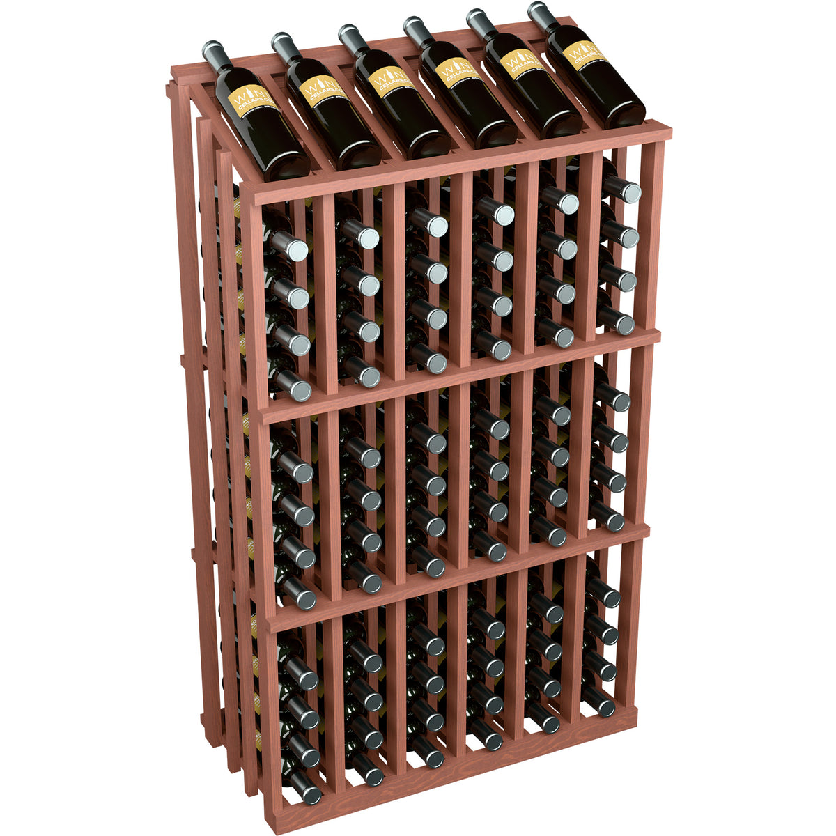 Wine bottle display rack with dark bottles in a reddish-brown wood frame and crisscross shelves