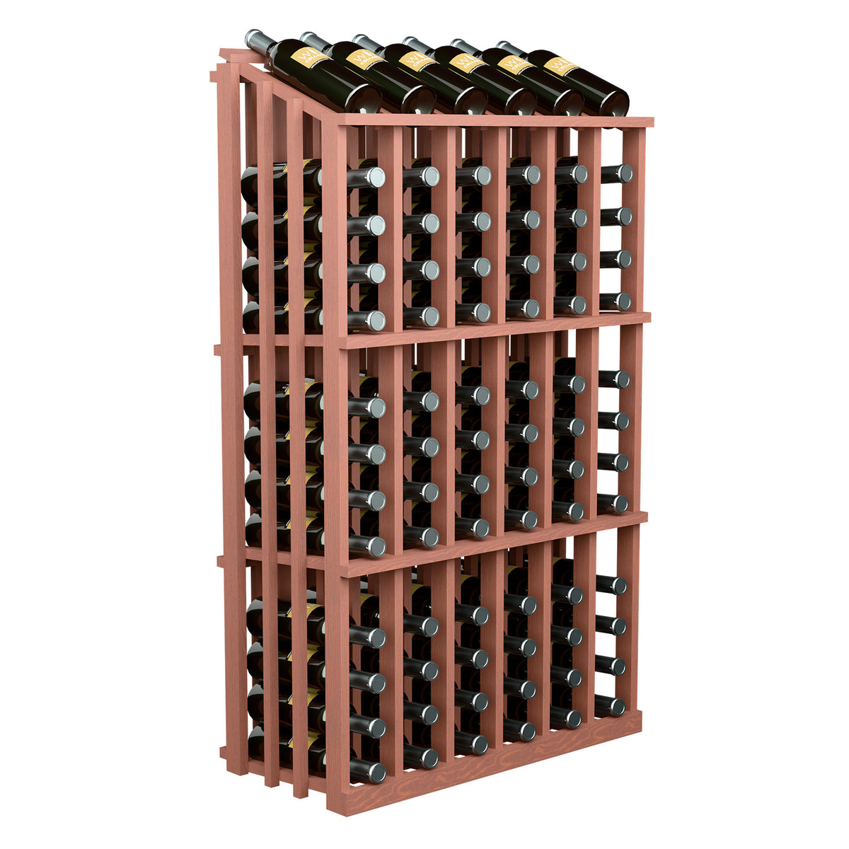 Medium reddish wood 78-bottle wine rack with front rows of bottle slots and top bottles.