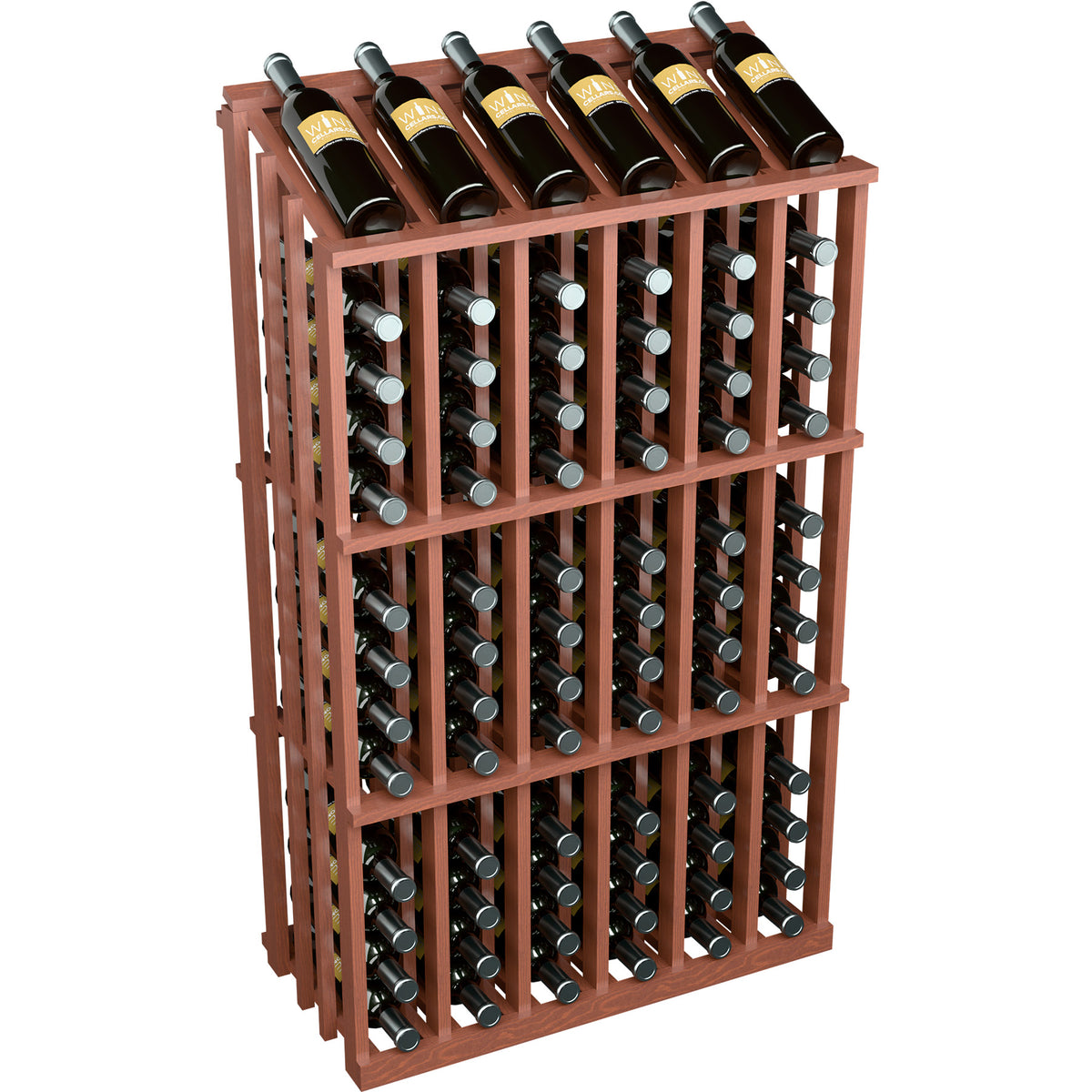 Wine bottle display rack with 78 bottle slots, warm reddish-brown wood frame and bottles