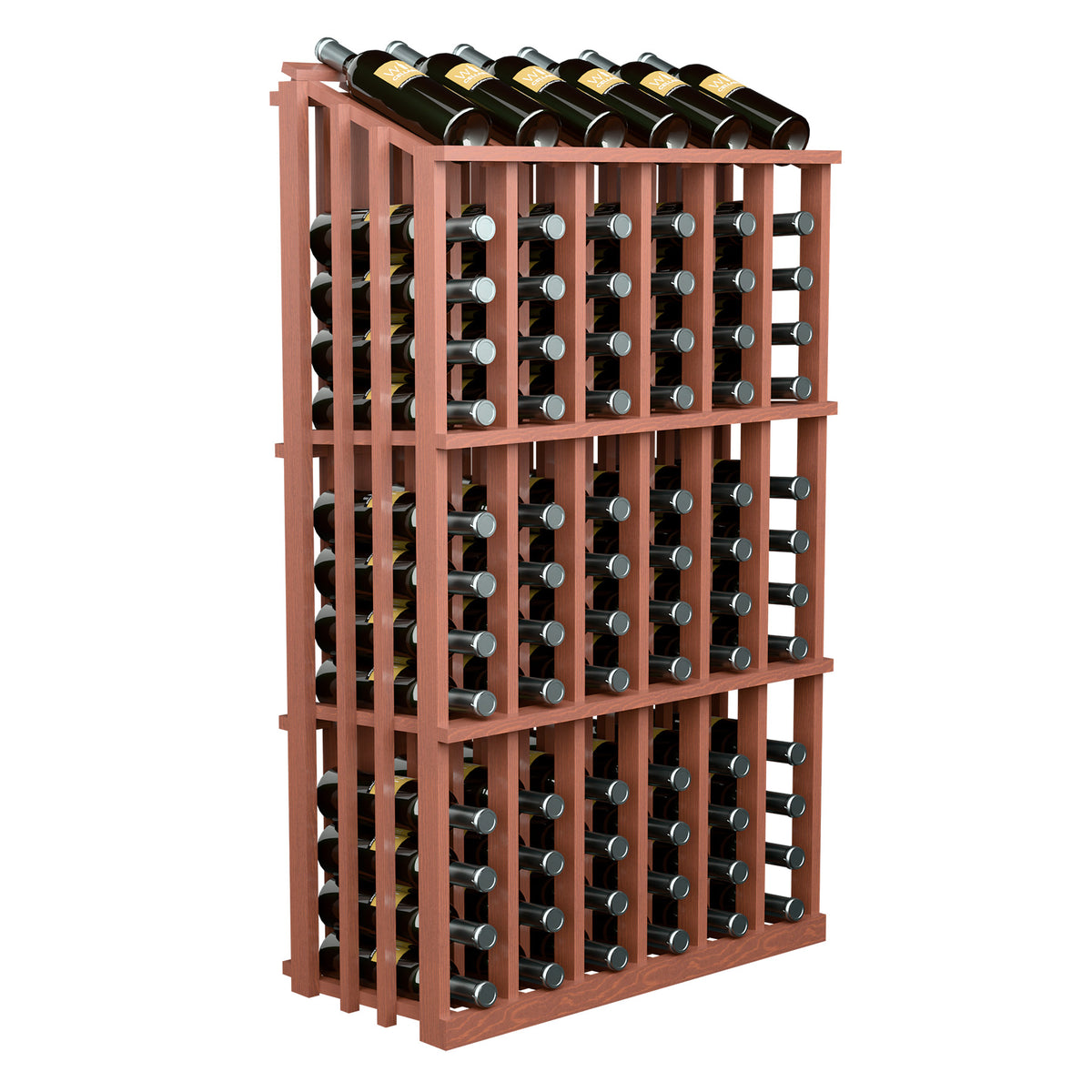 Wine bottle display rack with 78 bottle slots, reddish wood frame and front-facing bottle rows