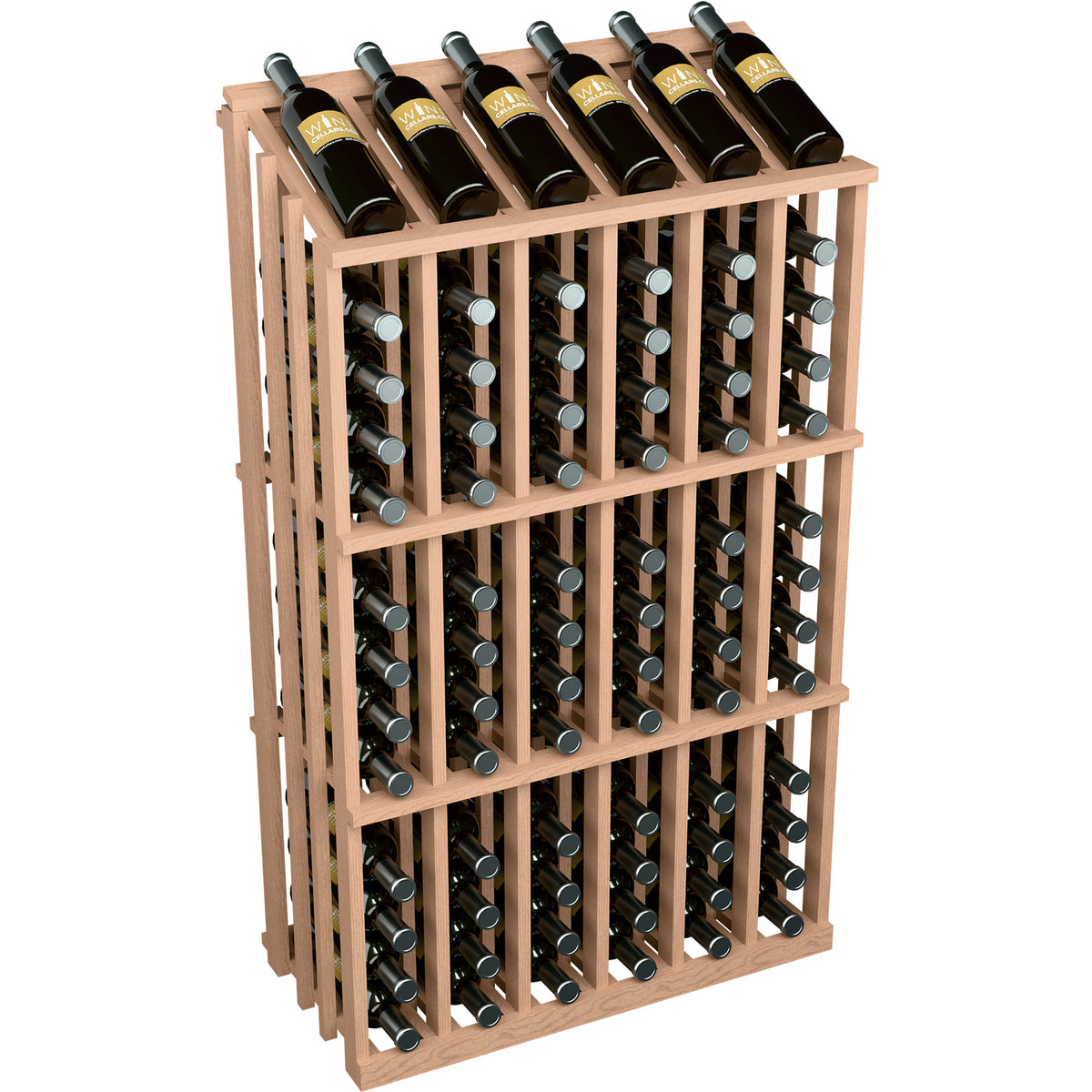 78-bottle wooden wine rack with bottle display grid, angled front view with side slats.