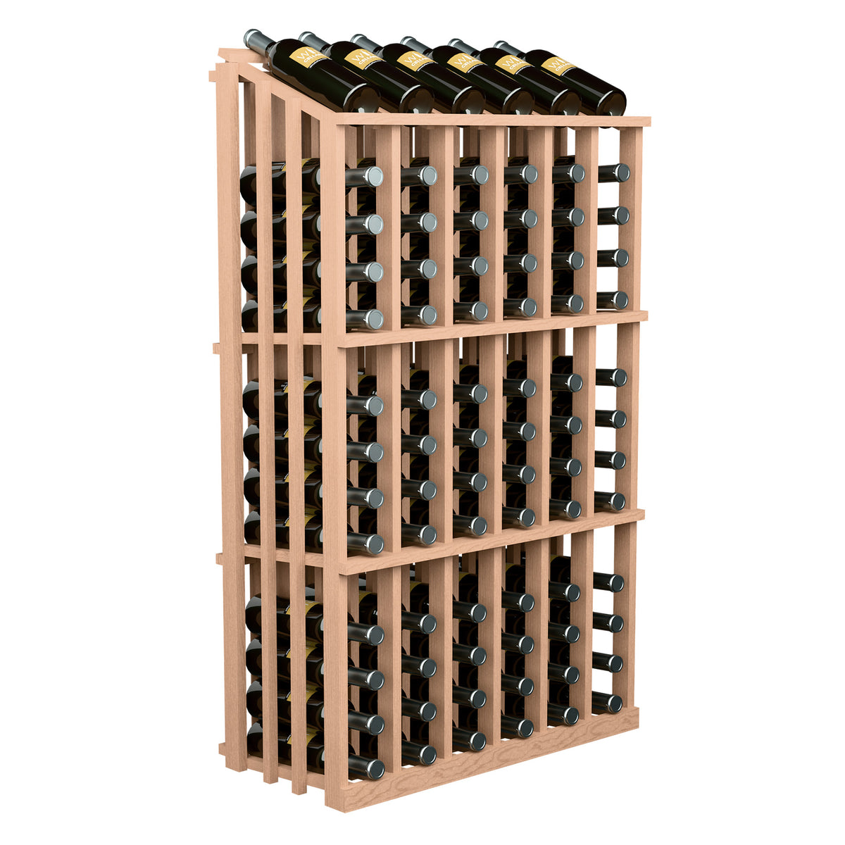 Light wood 78-bottle wine rack with angled view, round bottle slots and slatted frame.