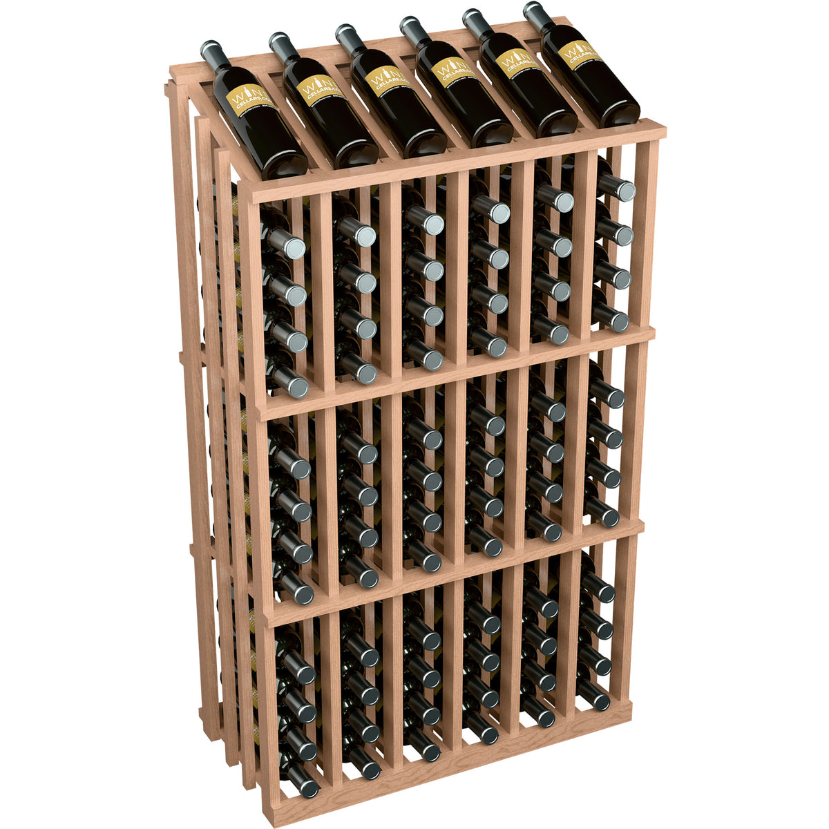 Wine bottle display rack with 78 bottle slots, light natural wood frame and bottle necks