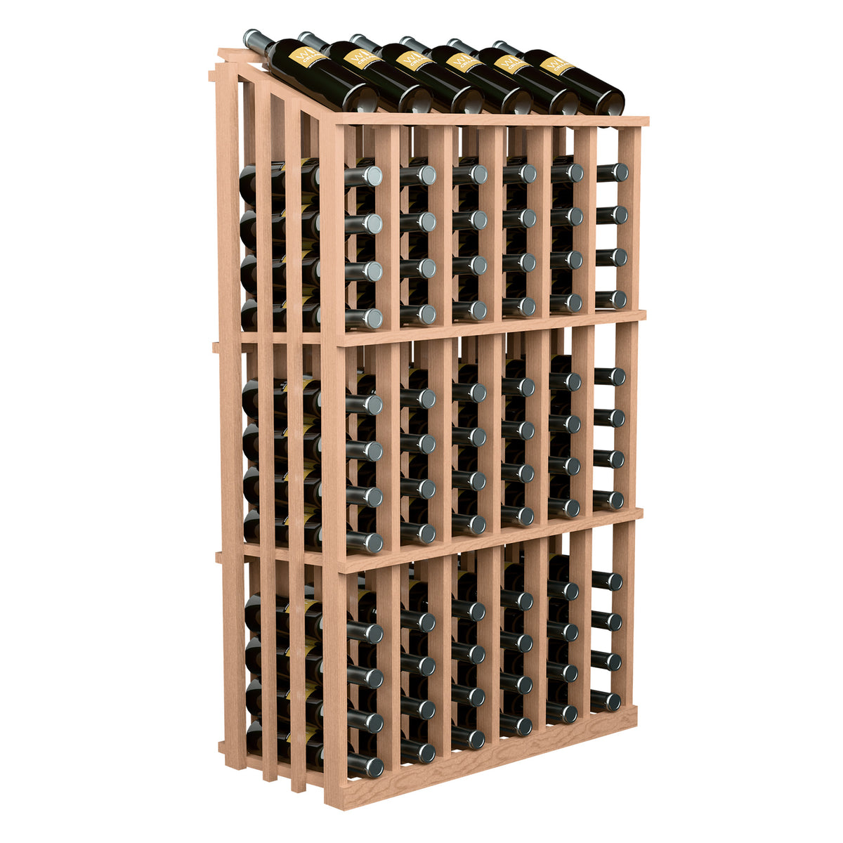 Wine bottle display rack with 78 bottle slots, pale wood frame and upright wine bottles