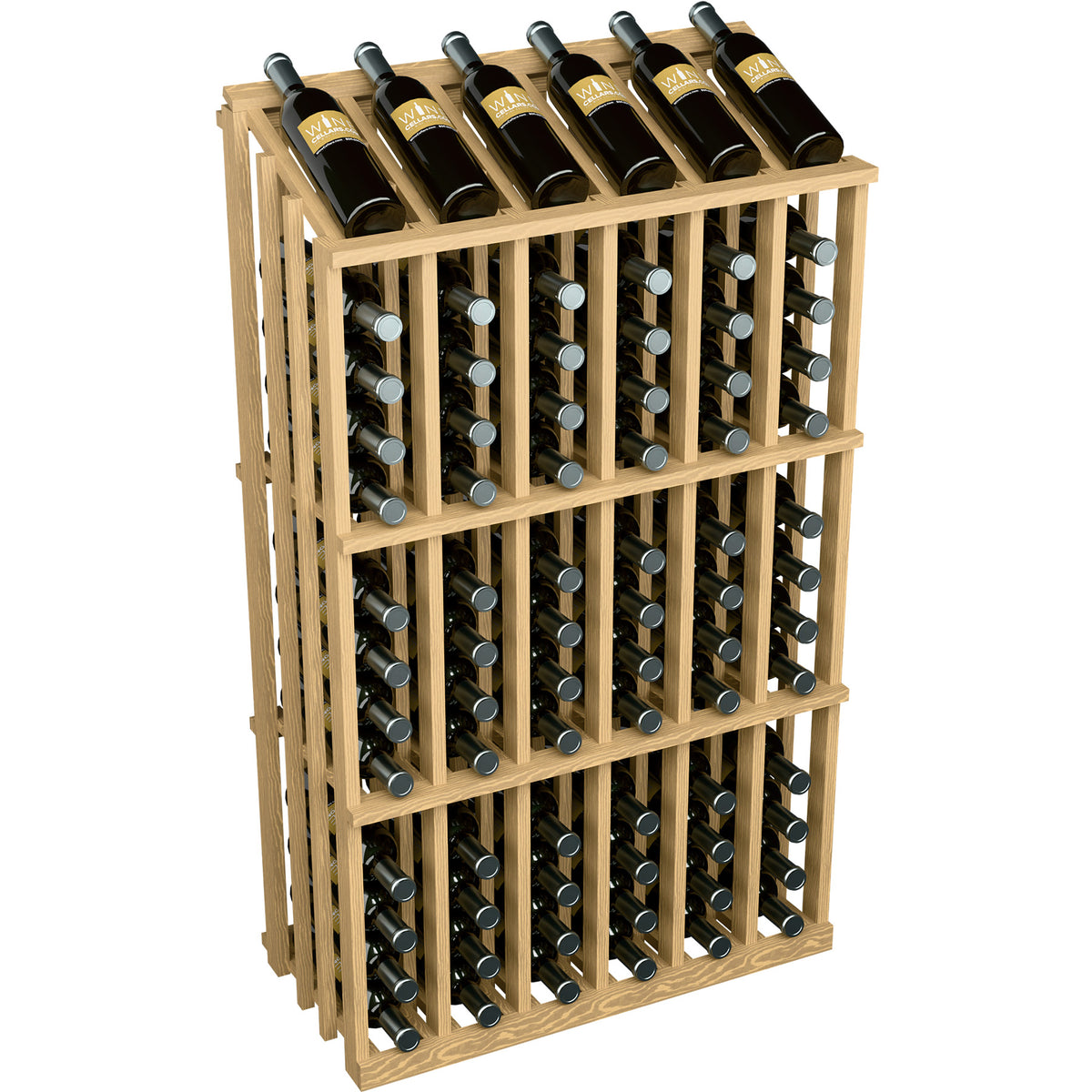 Wood wine bottle display rack for 78 bottles, light wood frame with bottle-neck openings