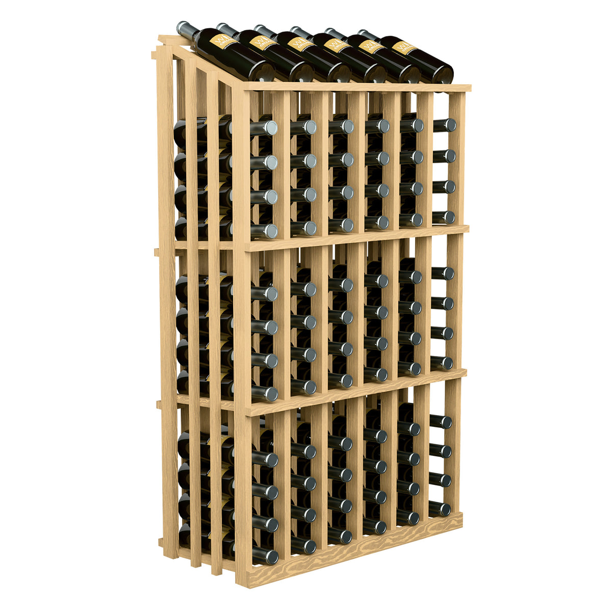 Light wood wine bottle rack with 78 bottle slots and black bottles on top