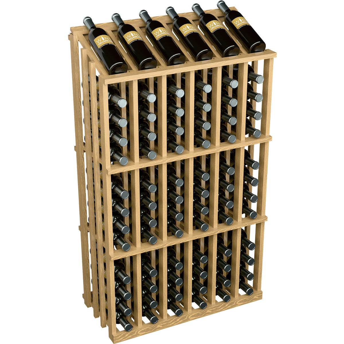 Wine bottle display rack with 78 bottle slots, honey-colored wood frame and bottle rows