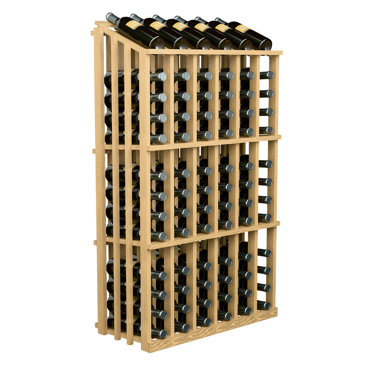 Wine bottle display rack with 78 bottle slots, light wood frame and capped wine bottles