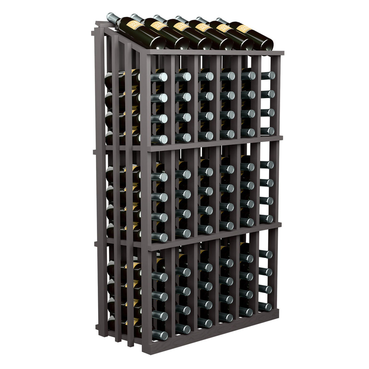 Wine bottle rack with top row of bottle rests and front bottle slots, dark stained wood